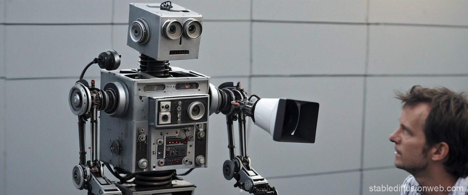 A retro-styled robot with a boxy head and camera-like eyes facing a person against a gray wall background