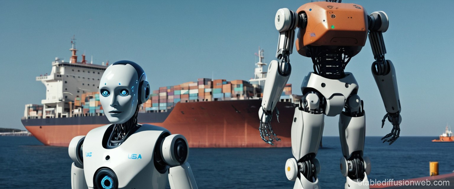 Two humanoid robots standing at a port with a large container ship in the background. The left robot has a white body with a feminine face and blue glowing elements, while the right robot has a white body with an orange head component.