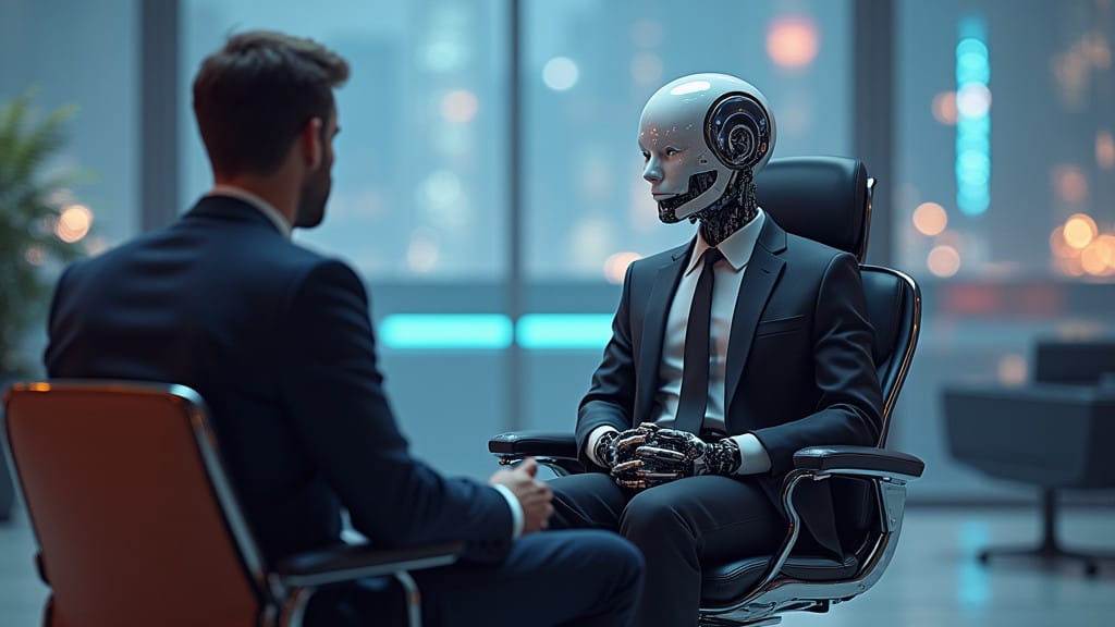 A business meeting scene with a person in a dark suit seated across from a humanoid robot also wearing a business suit and tie, set in a modern office with blurred city lights in the background