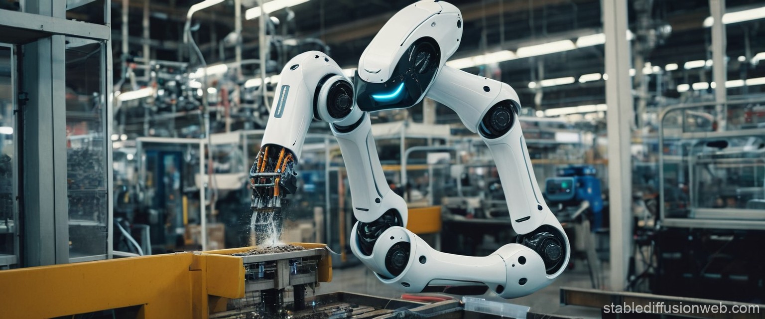 Modern white robotic arm with blue illuminated joints operating over a manufacturing production line, demonstrating automated material handling in a well-lit industrial facility