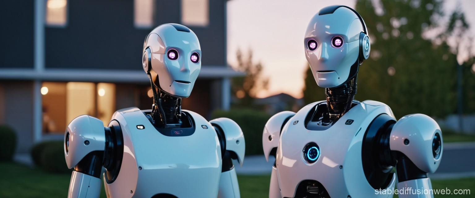 Two white humanoid robots with glowing purple eyes standing outside a modern building at dusk