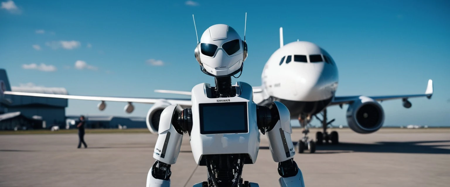 Robot wing walker in front of plane.